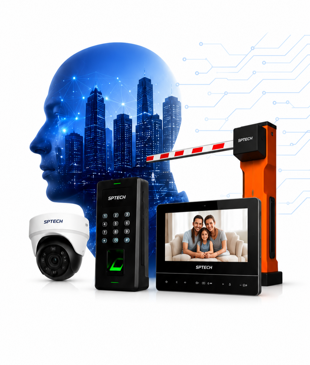 Ilustración conceptual de SPTech, seguridad, rostro digital y tecnología